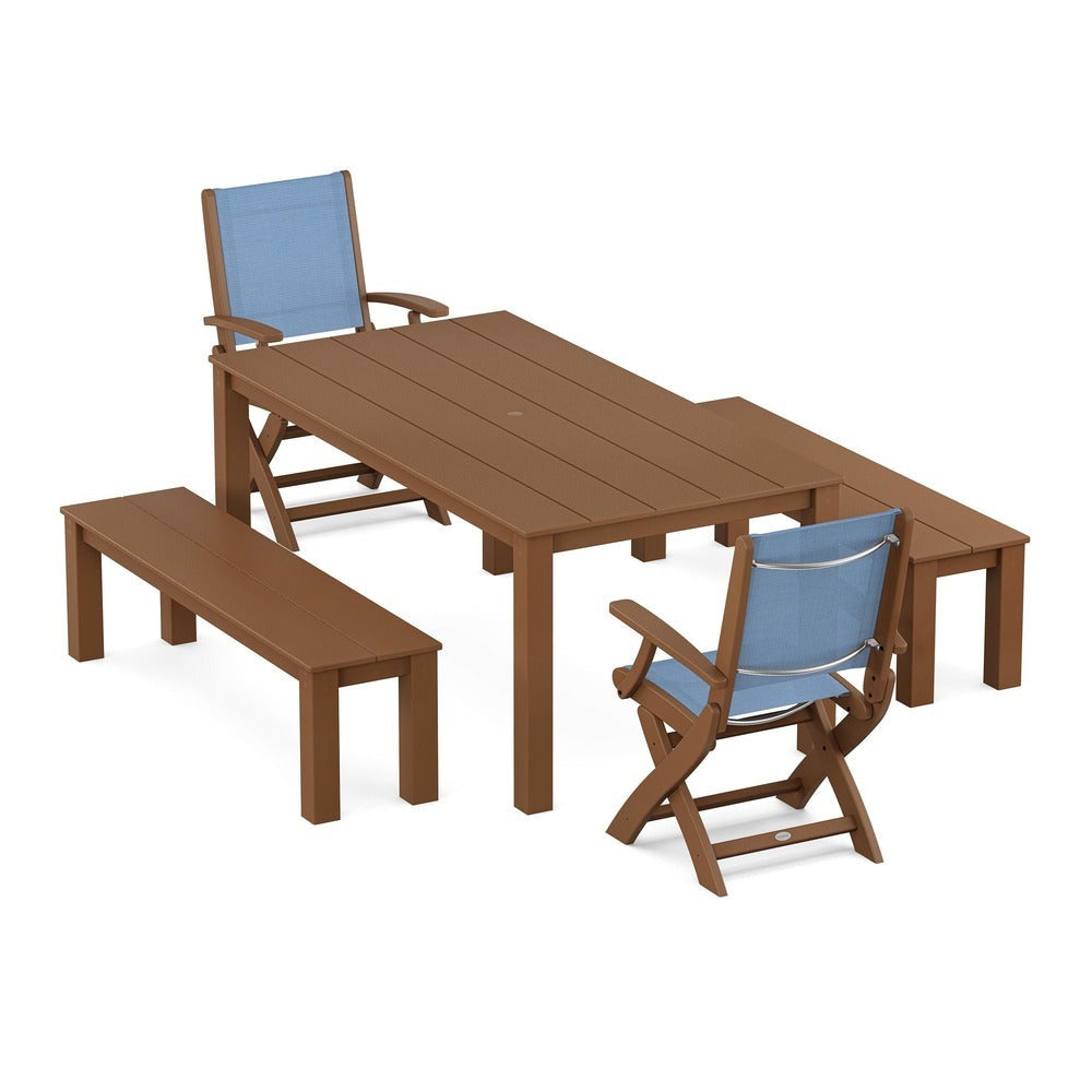 POLYWOOD® - Coastal Folding Chair 5-Piece Parsons Dining Set with Benches - PWS2273