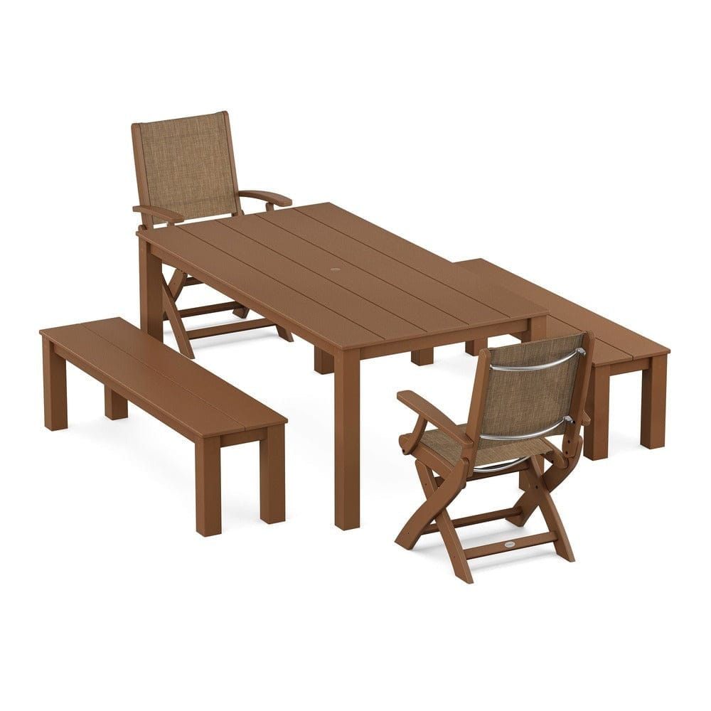 POLYWOOD® - Coastal Folding Chair 5-Piece Parsons Dining Set with Benches - PWS2273