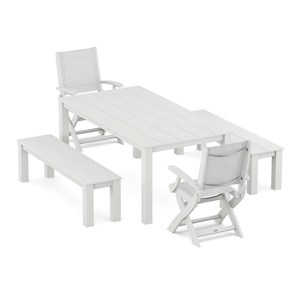 POLYWOOD® - Coastal Folding Chair 5-Piece Parsons Dining Set with Benches - PWS2273 Outdoor Furniture POLYWOOD®