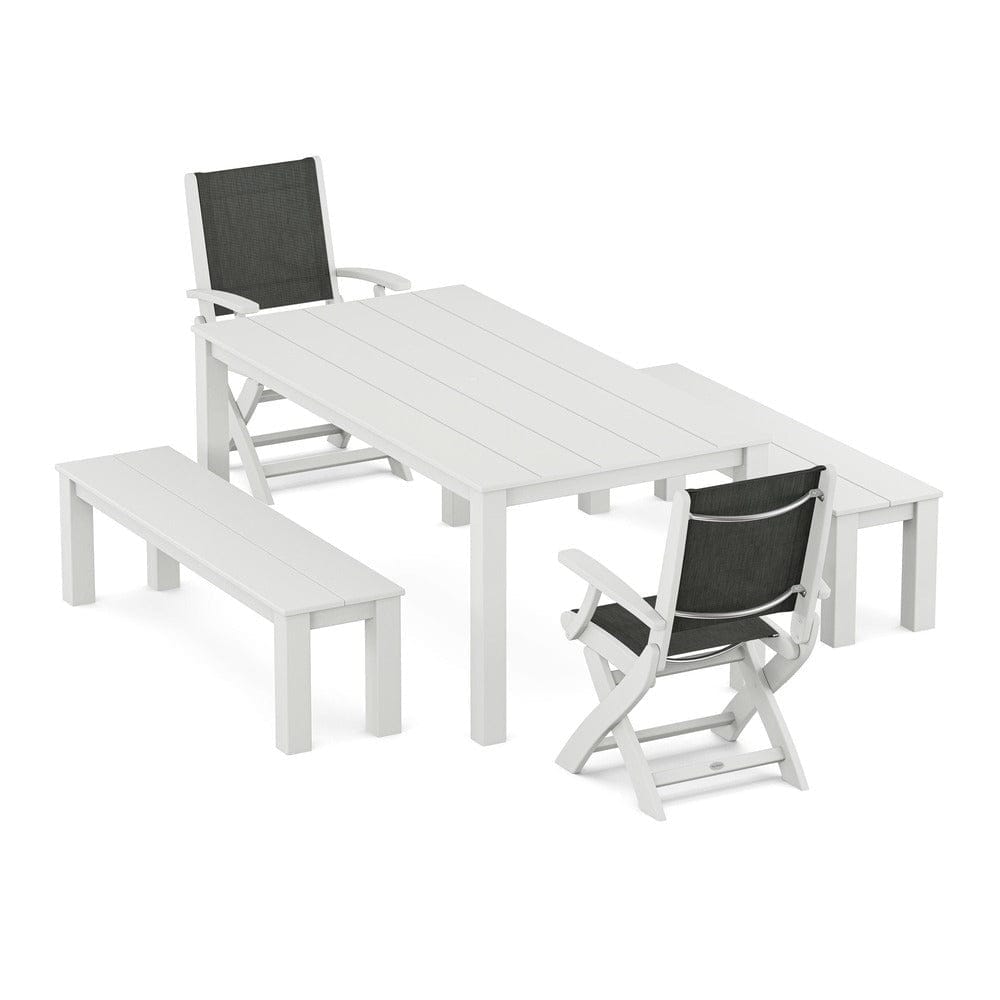 POLYWOOD® - Coastal Folding Chair 5-Piece Parsons Dining Set with Benches - PWS2273