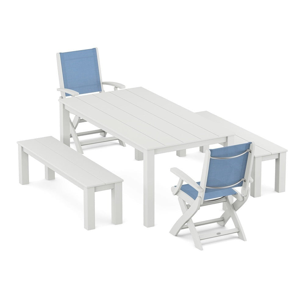 POLYWOOD® - Coastal Folding Chair 5-Piece Parsons Dining Set with Benches - PWS2273