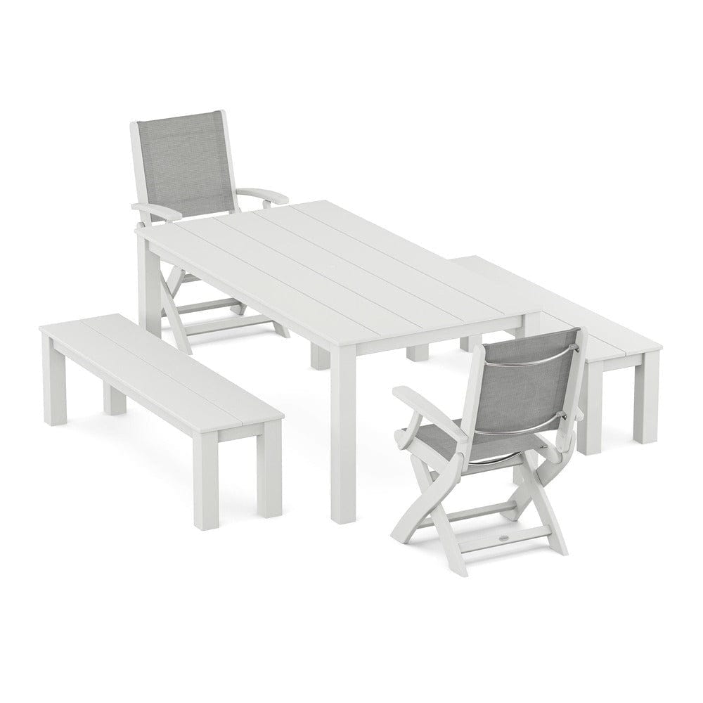 POLYWOOD® - Coastal Folding Chair 5-Piece Parsons Dining Set with Benches - PWS2273