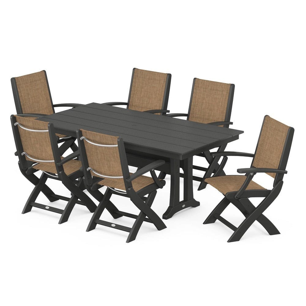POLYWOOD® - Coastal Folding Arm Chair 7-Piece Farmhouse Dining Set with Trestle Legs - PWS292