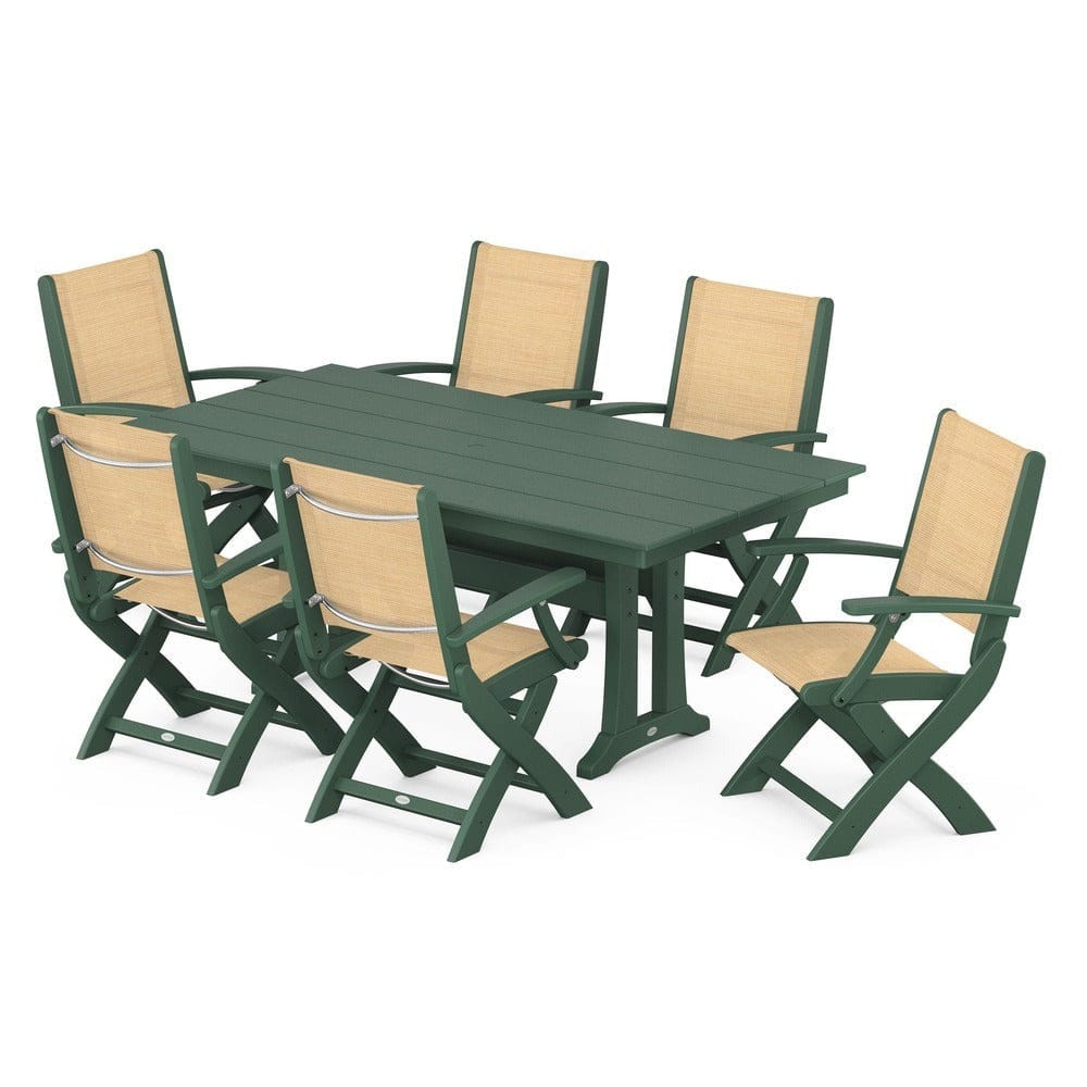 POLYWOOD® - Coastal Folding Arm Chair 7-Piece Farmhouse Dining Set with Trestle Legs - PWS292