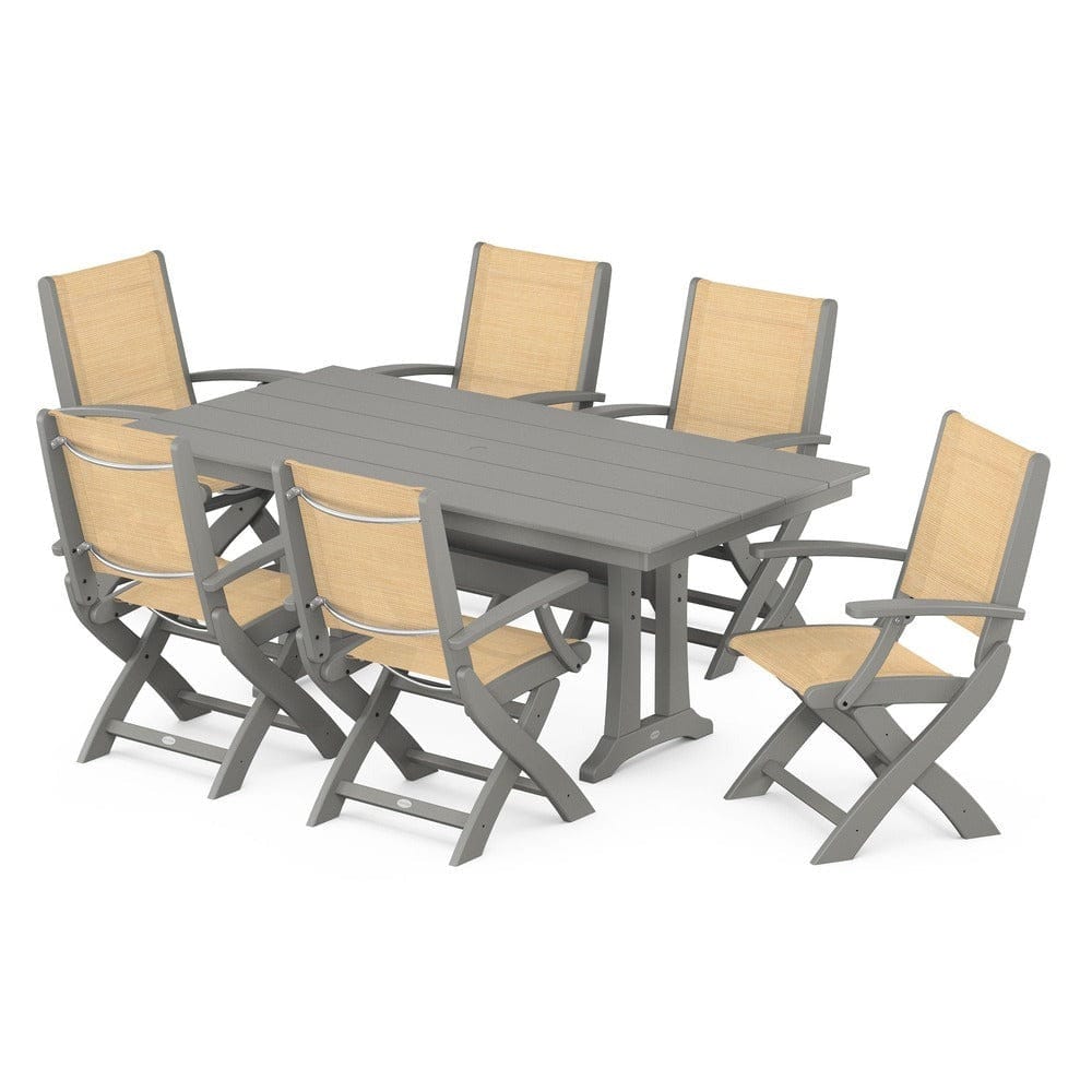 POLYWOOD® - Coastal Folding Arm Chair 7-Piece Farmhouse Dining Set with Trestle Legs - PWS292