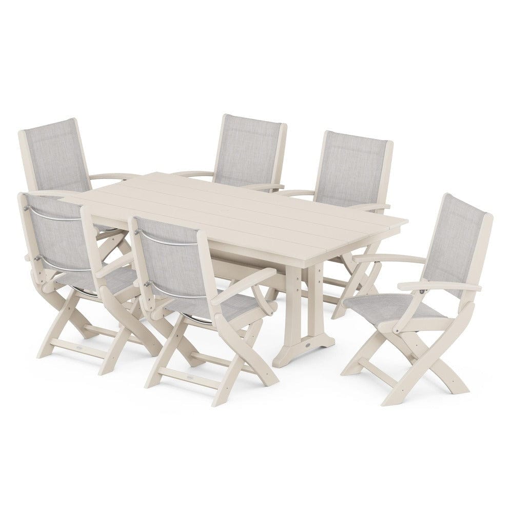 POLYWOOD® - Coastal Folding Arm Chair 7-Piece Farmhouse Dining Set with Trestle Legs - PWS292