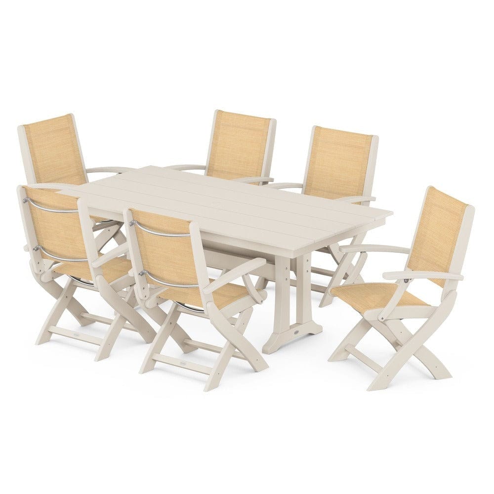 POLYWOOD® - Coastal Folding Arm Chair 7-Piece Farmhouse Dining Set with Trestle Legs - PWS292
