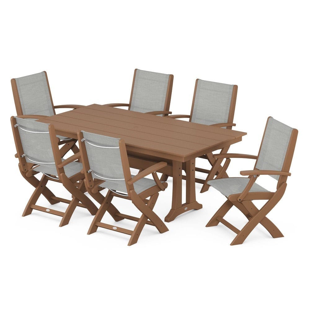 POLYWOOD® - Coastal Folding Arm Chair 7-Piece Farmhouse Dining Set with Trestle Legs - PWS292