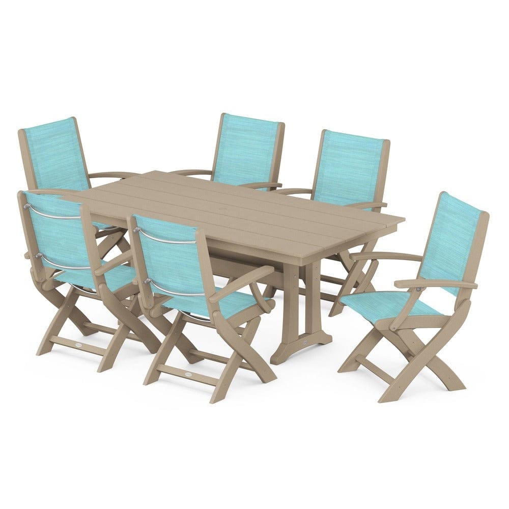 POLYWOOD® - Coastal Folding Arm Chair 7-Piece Farmhouse Dining Set with Trestle Legs - PWS292