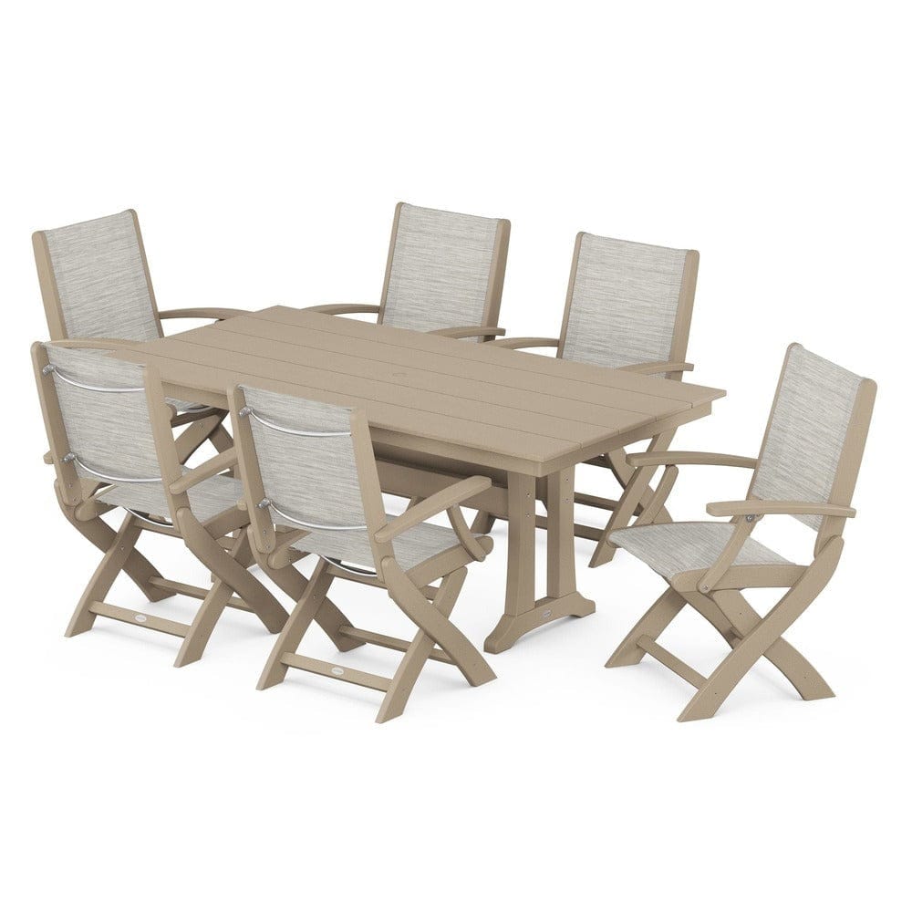 POLYWOOD® - Coastal Folding Arm Chair 7-Piece Farmhouse Dining Set with Trestle Legs - PWS292
