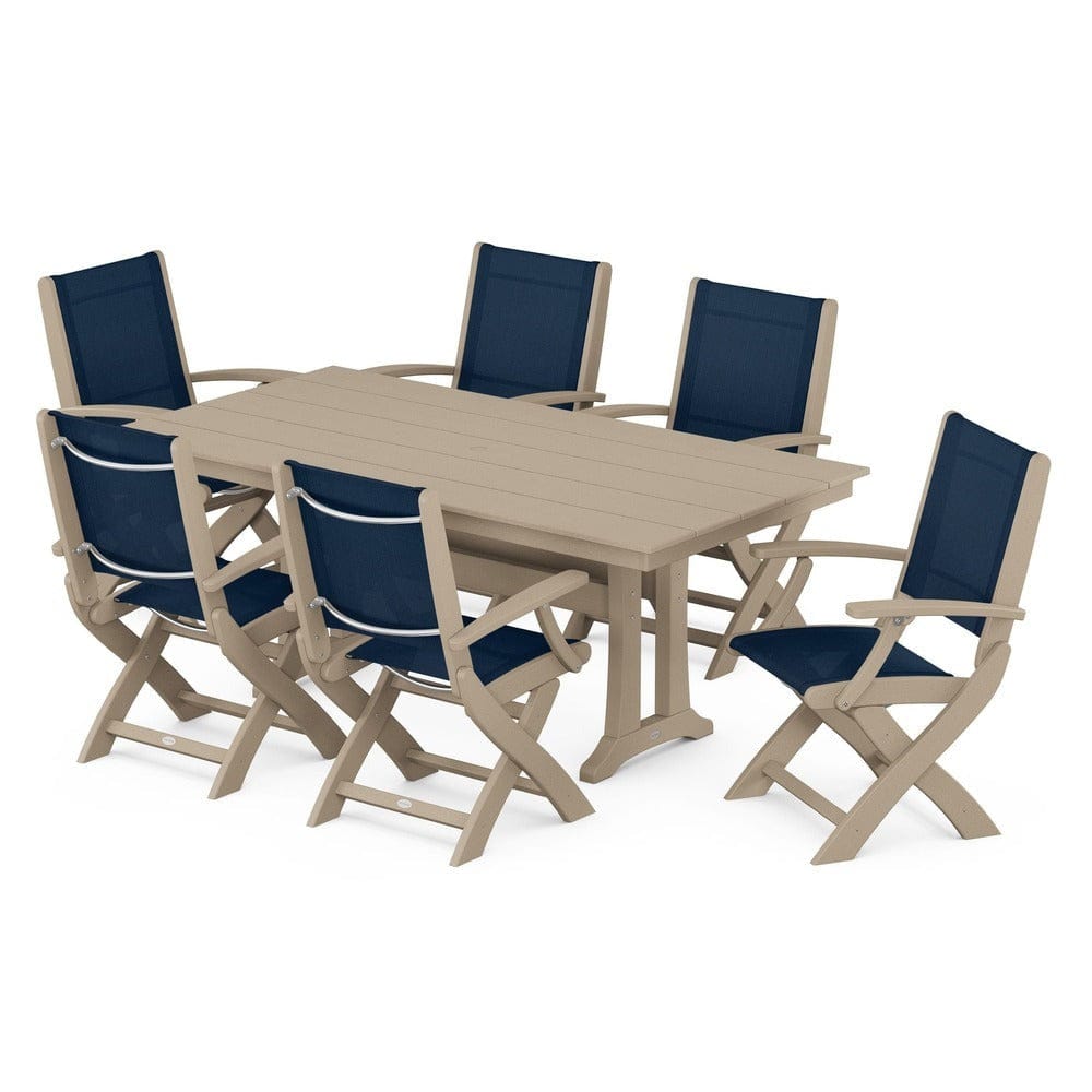 POLYWOOD® - Coastal Folding Arm Chair 7-Piece Farmhouse Dining Set with Trestle Legs - PWS292