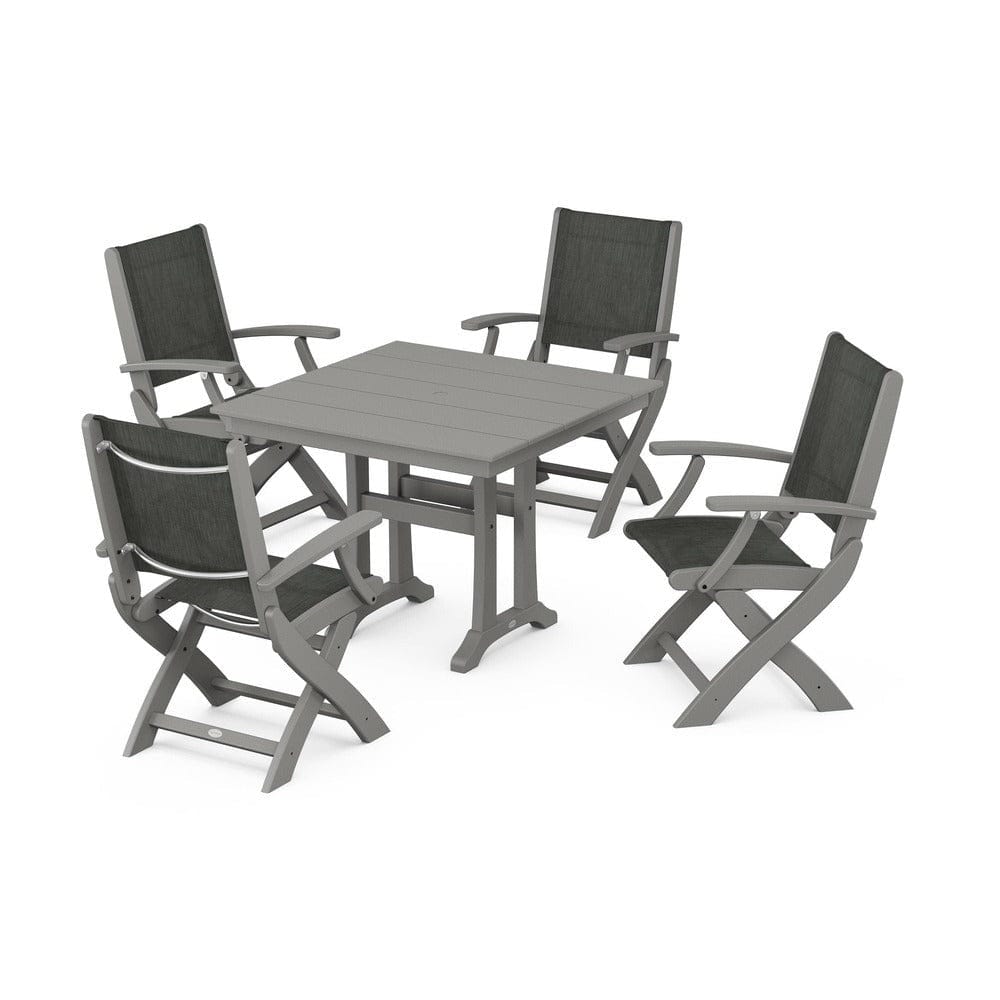 POLYWOOD® - Coastal Folding Chair 5-Piece Farmhouse Dining Set With Trestle Legs - PWS945