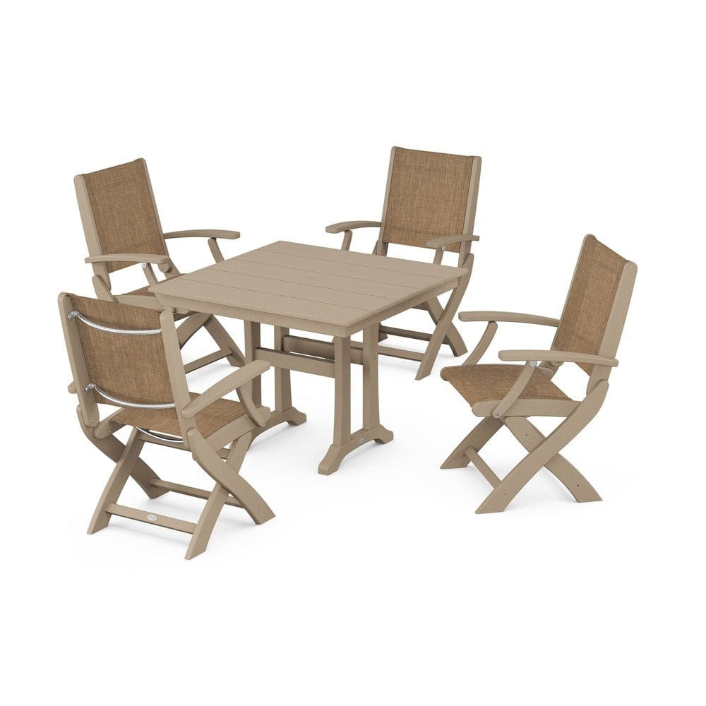 POLYWOOD® - Coastal Folding Chair 5-Piece Farmhouse Dining Set With Trestle Legs - PWS945 Outdoor Furniture POLYWOOD®