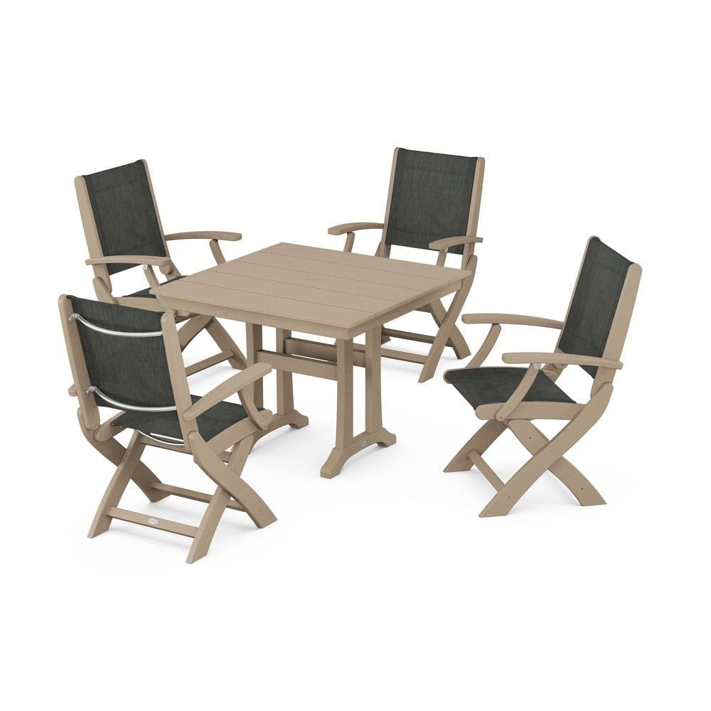 POLYWOOD® - Coastal Folding Chair 5-Piece Farmhouse Dining Set With Trestle Legs - PWS945