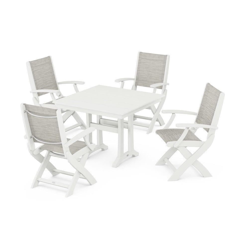 POLYWOOD® - Coastal Folding Chair 5-Piece Farmhouse Dining Set With Trestle Legs - PWS945 Outdoor Furniture POLYWOOD®