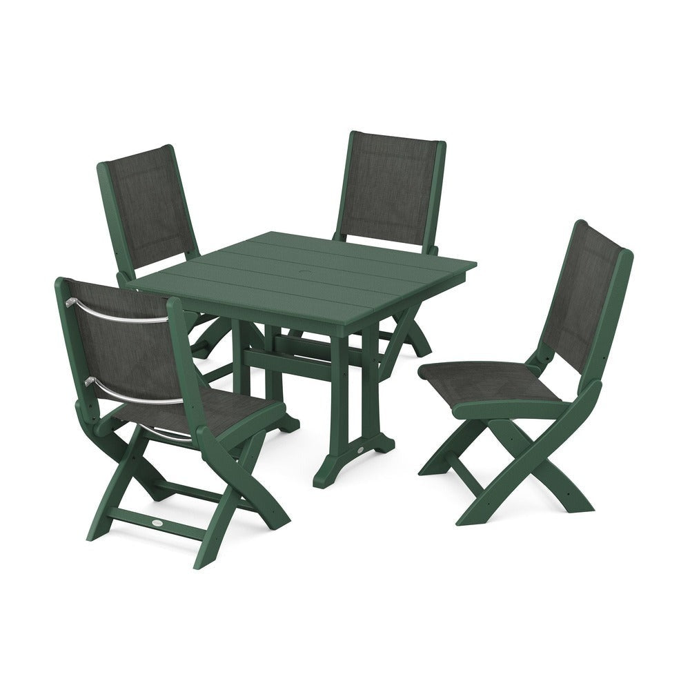 POLYWOOD® - Coastal Folding Side Chair 5-Piece Farmhouse Dining Set With Trestle Legs - PWS946