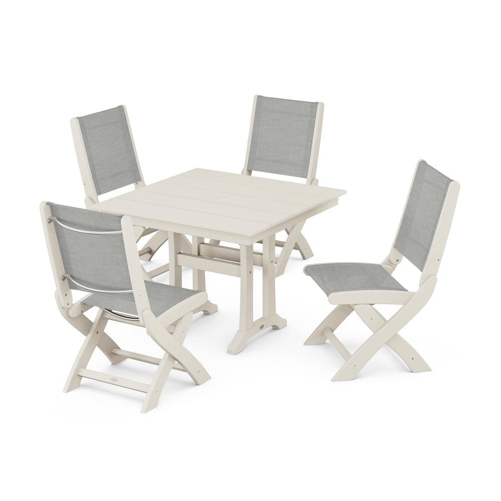 POLYWOOD® - Coastal Folding Side Chair 5-Piece Farmhouse Dining Set With Trestle Legs - PWS946