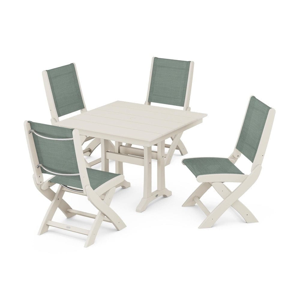 POLYWOOD® - Coastal Folding Side Chair 5-Piece Farmhouse Dining Set With Trestle Legs - PWS946 Outdoor Furniture POLYWOOD®