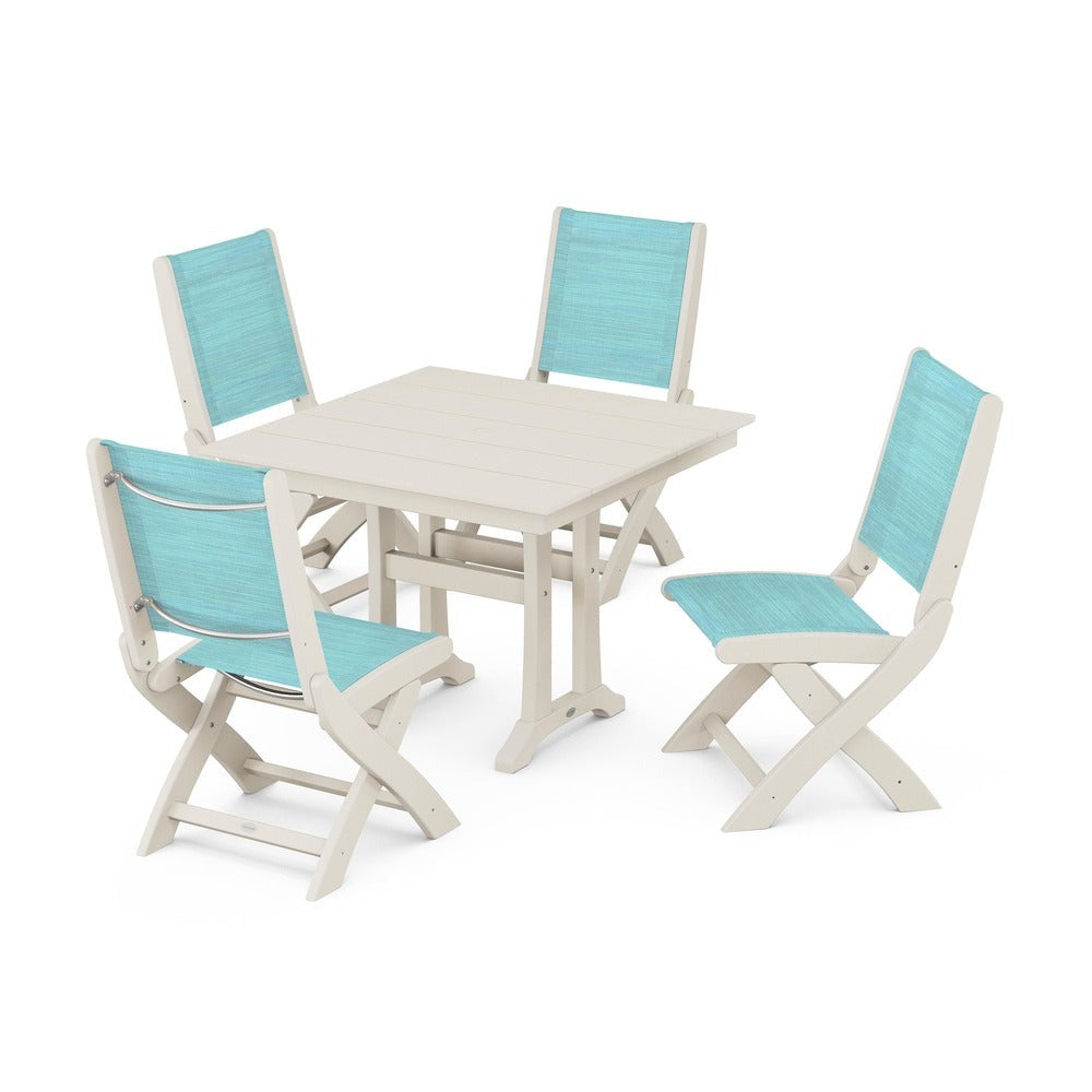 POLYWOOD® - Coastal Folding Side Chair 5-Piece Farmhouse Dining Set With Trestle Legs - PWS946