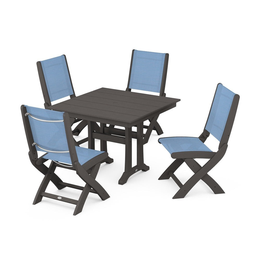 POLYWOOD® - Coastal Folding Side Chair 5-Piece Farmhouse Dining Set With Trestle Legs - PWS946
