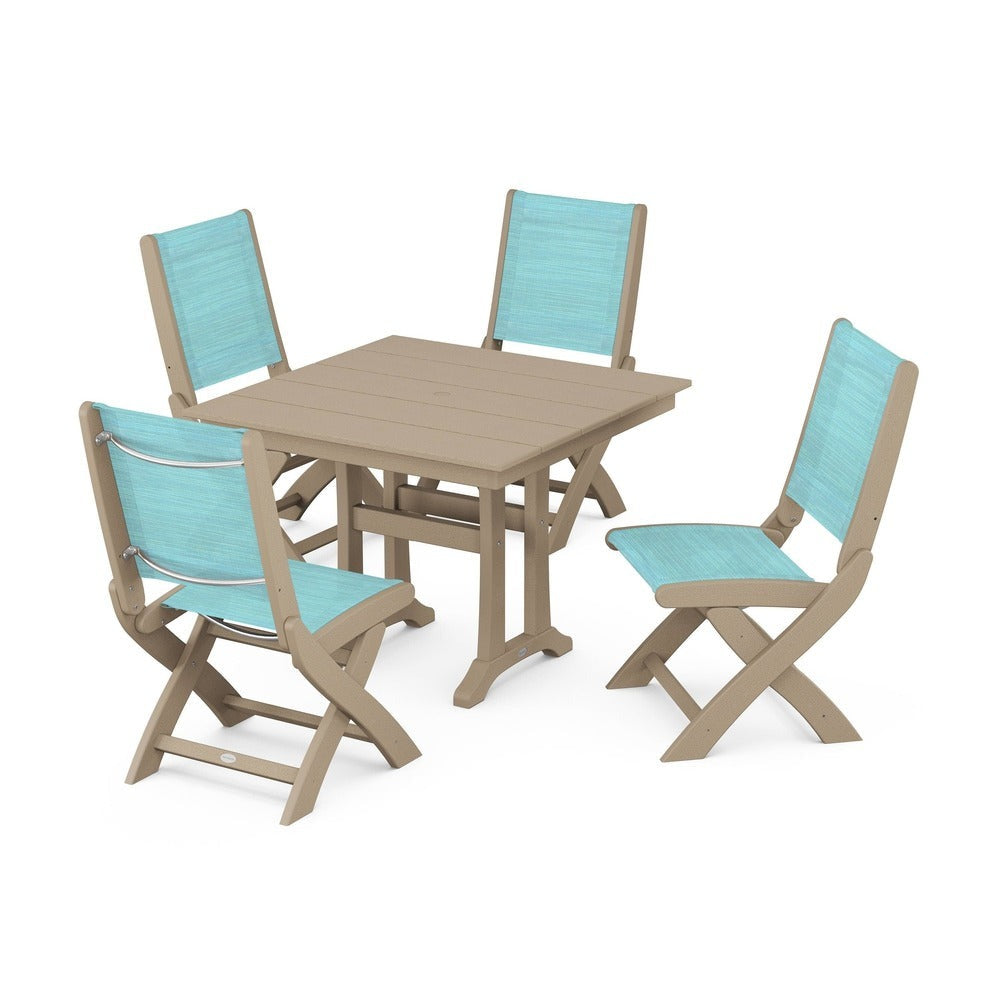 POLYWOOD® - Coastal Folding Side Chair 5-Piece Farmhouse Dining Set With Trestle Legs - PWS946