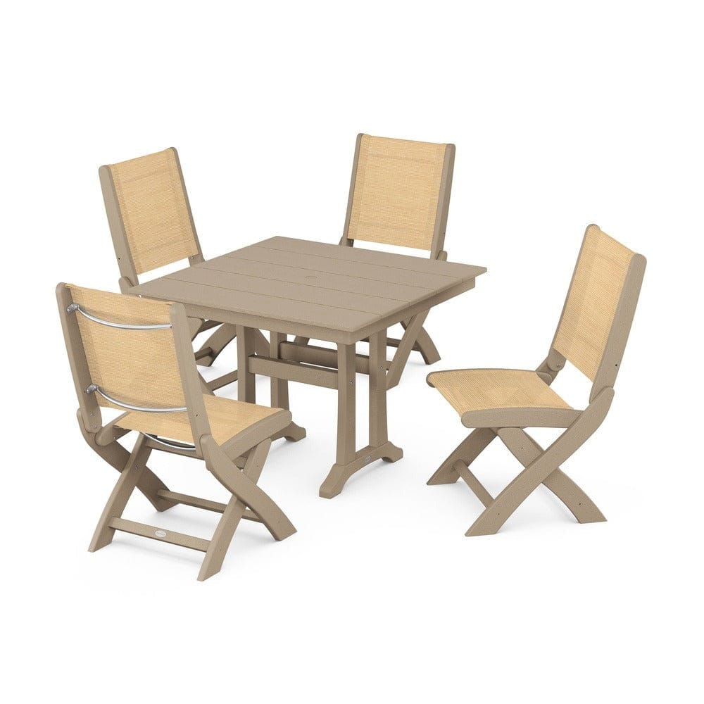 POLYWOOD® - Coastal Folding Side Chair 5-Piece Farmhouse Dining Set With Trestle Legs - PWS946