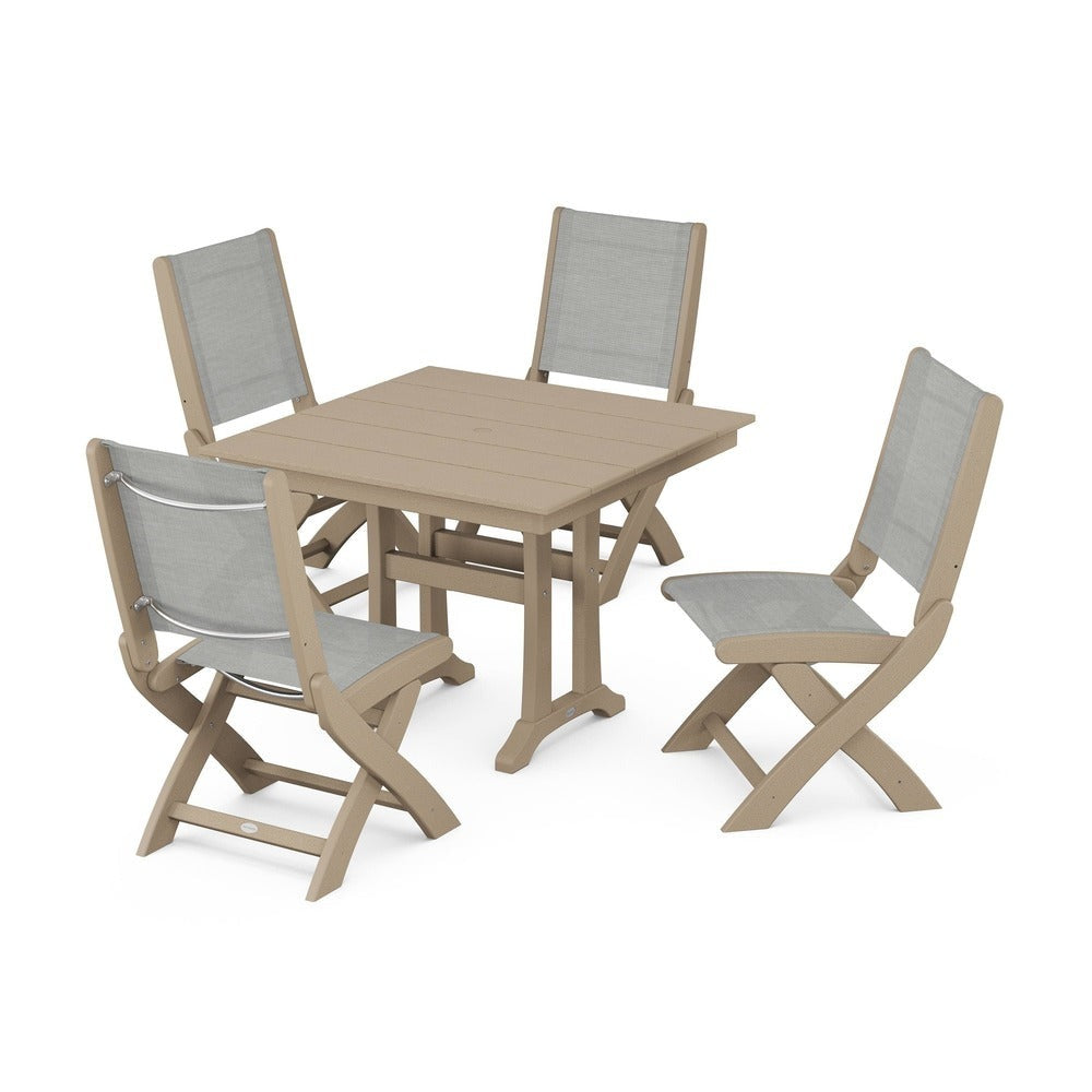 POLYWOOD® - Coastal Folding Side Chair 5-Piece Farmhouse Dining Set With Trestle Legs - PWS946