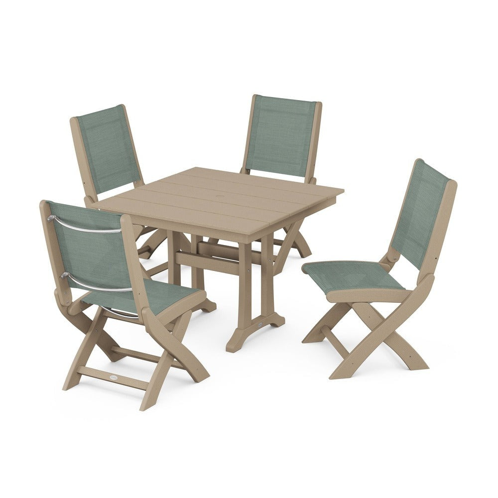 POLYWOOD® - Coastal Folding Side Chair 5-Piece Farmhouse Dining Set With Trestle Legs - PWS946