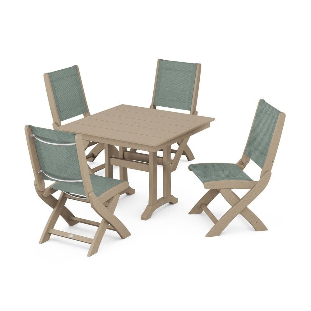 POLYWOOD® - Coastal Folding Side Chair 5-Piece Farmhouse Dining Set With Trestle Legs - PWS946