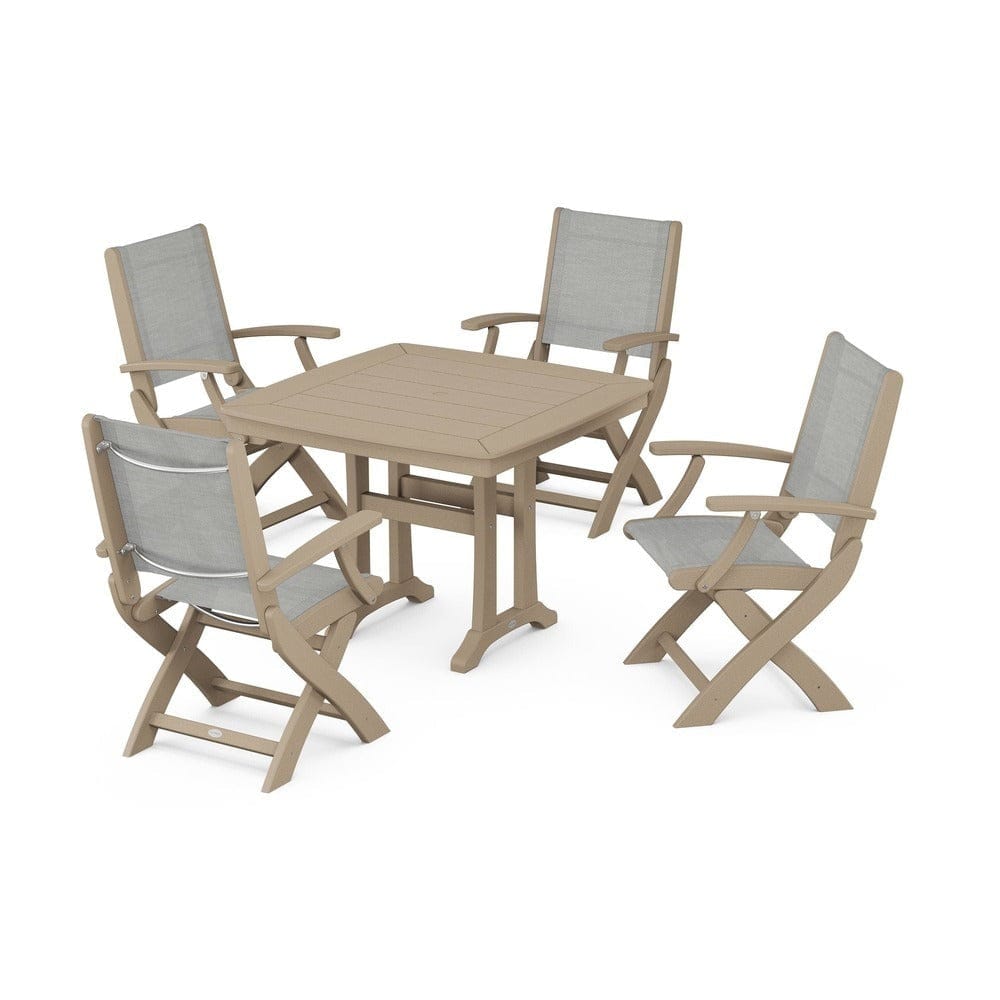 POLYWOOD® - Coastal Folding Chair 5-Piece Dining Set with Trestle Legs - PWS967 Outdoor Furniture POLYWOOD®