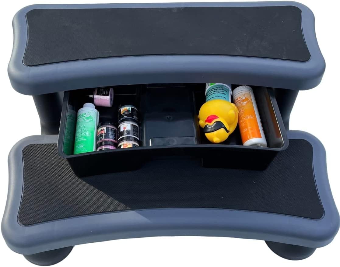 Two-Step Resin Hot Tub Step - Slip-Resistant, Sturdy, & Stylish with Storage Drawer Hot Tub Accessories Outdoor Innovations