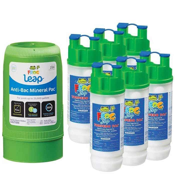 FROG Leap Torpedo Pac 6 Pack & Anti-Bac Mineral Pac® Up To 25K Gallons Frog Pool King Technology