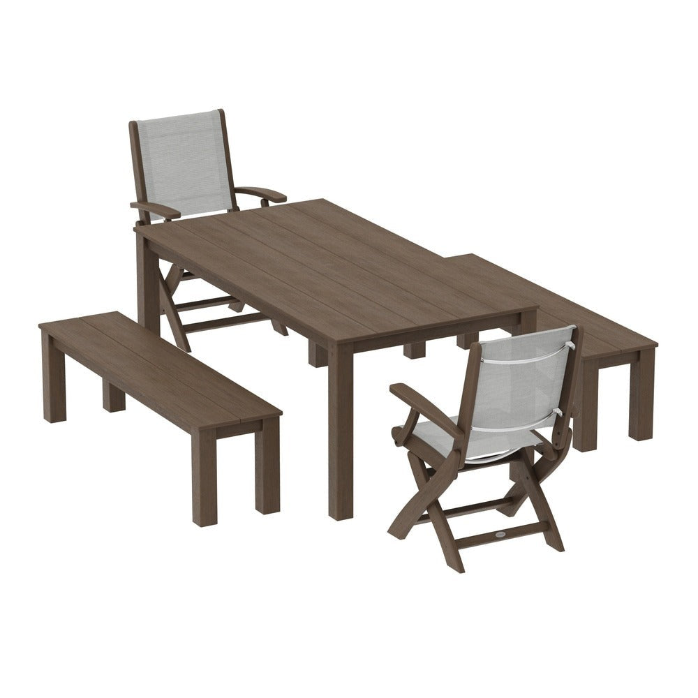 POLYWOOD® - Coastal Folding Chair 5-Piece Parsons Dining Set with Benches - PWS2273