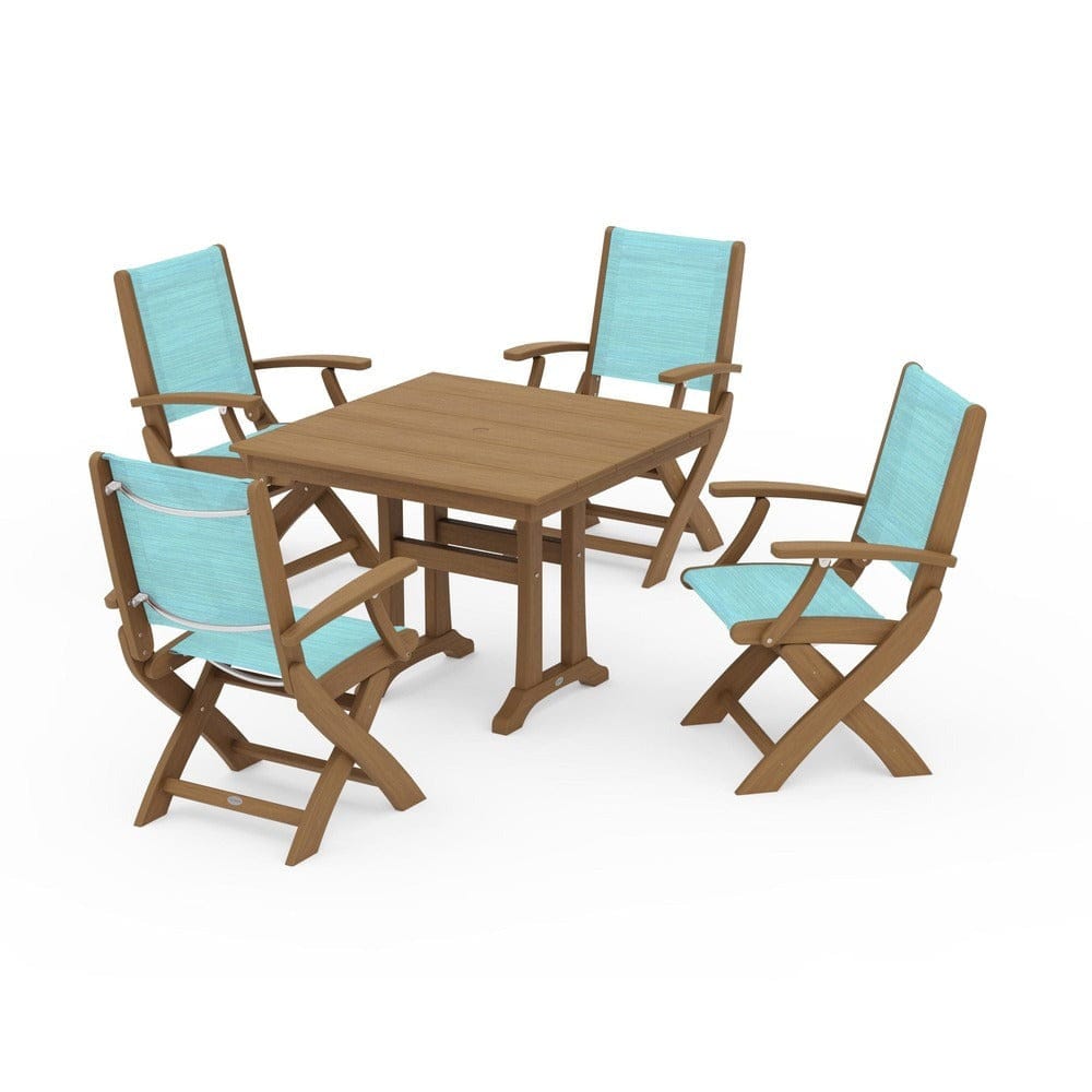 POLYWOOD® - Coastal Folding Chair 5-Piece Farmhouse Dining Set With Trestle Legs - PWS945