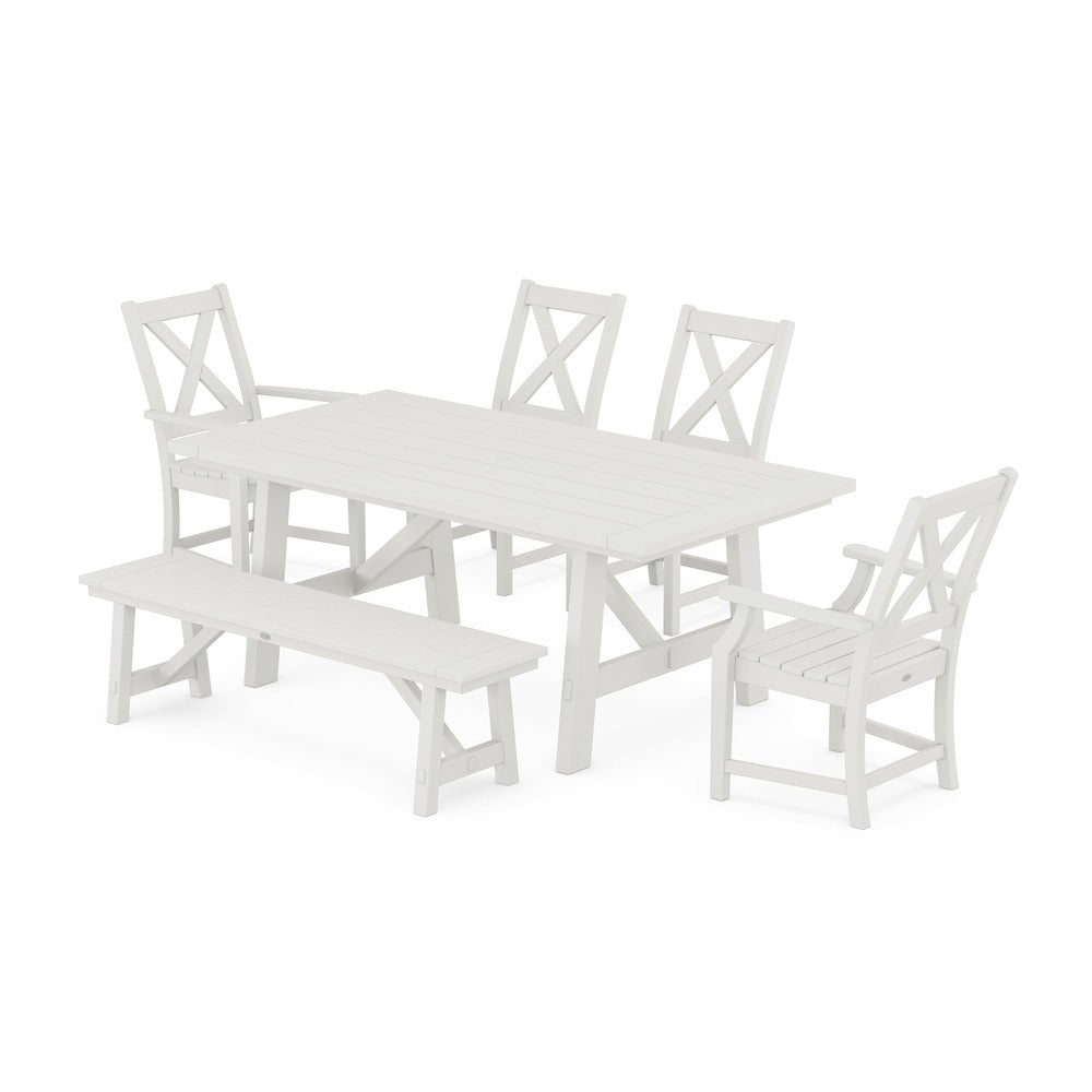 POLYWOOD® Braxton 6-Piece Rustic Farmhouse Dining Set With Trestle Legs - Vintage White PWS1071-1-VWH