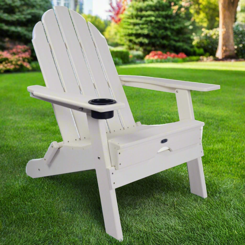 Atlas Patio Furniture - Beach Haven Resin Adirondack Folding Chair with Cup Holder - Color: White Adirondack Chair Atlas Patio Furniture