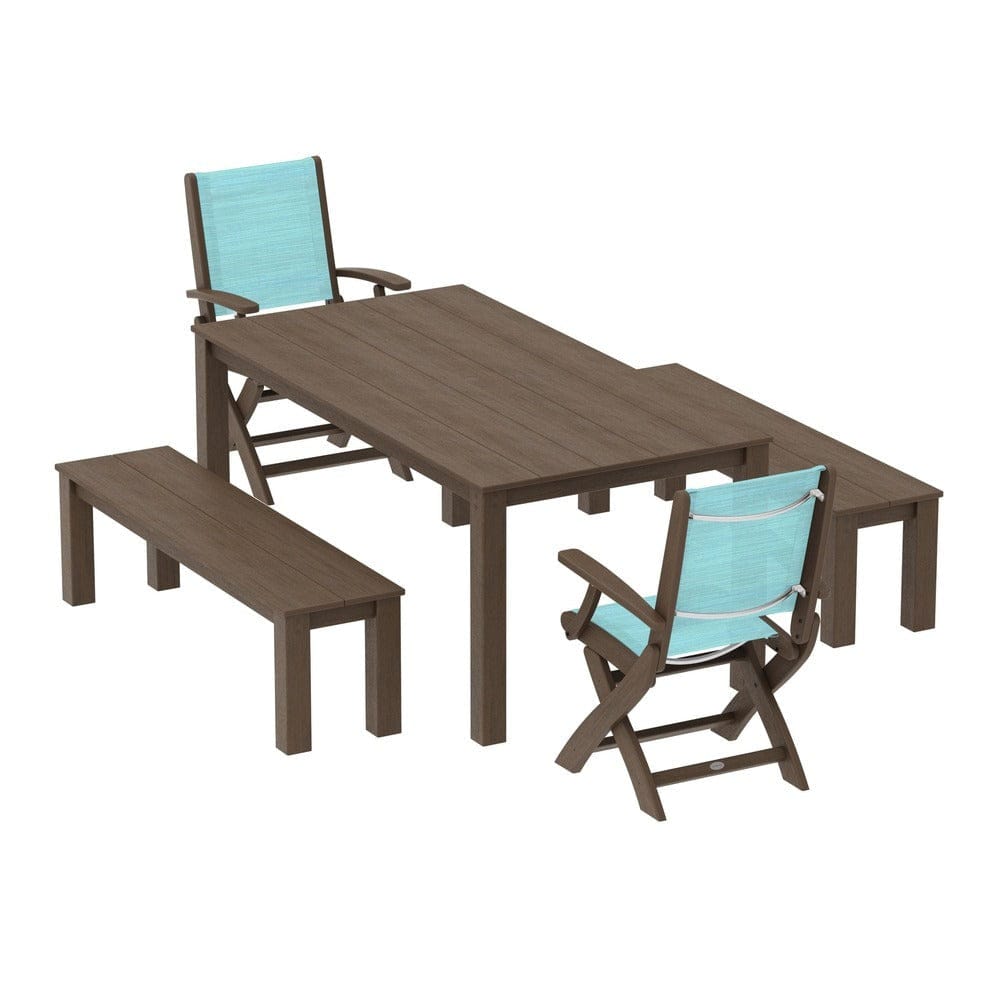 POLYWOOD® - Coastal Folding Chair 5-Piece Parsons Dining Set with Benches - PWS2273