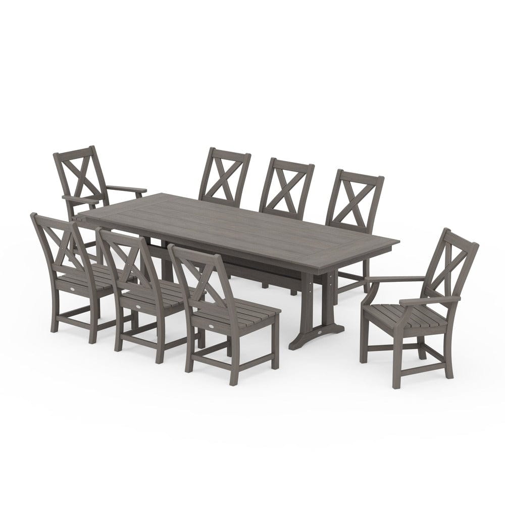 POLYWOOD® Braxton 9-Piece Farmhouse Dining Set with Trestle Legs - Driftwood PWS1433-1-NDW