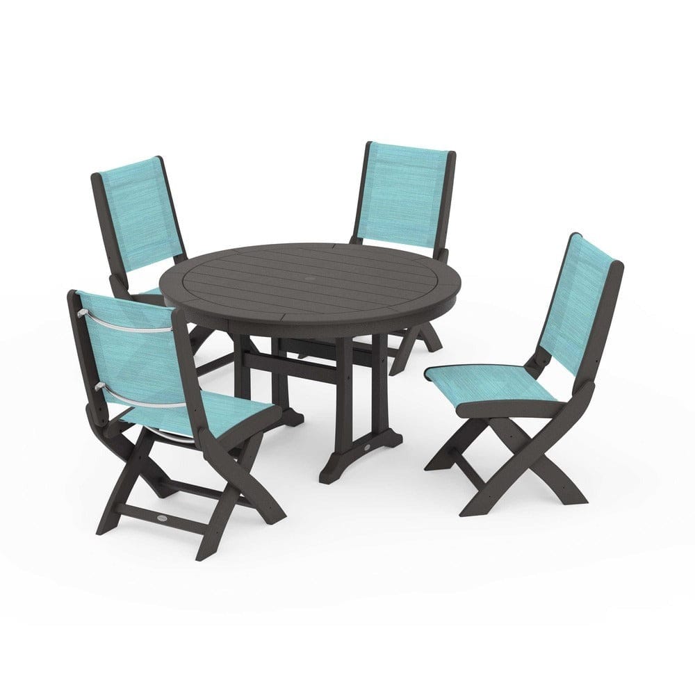 POLYWOOD® - Coastal Folding Side Chair 5-Piece Round Dining Set With Trestle Legs - PWS1121