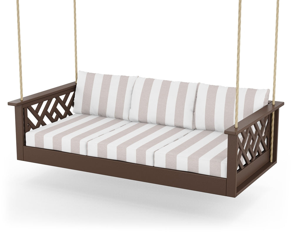 Chippendale Daybed Swing - Mahogany / Cabana Stripe Dune Burlap