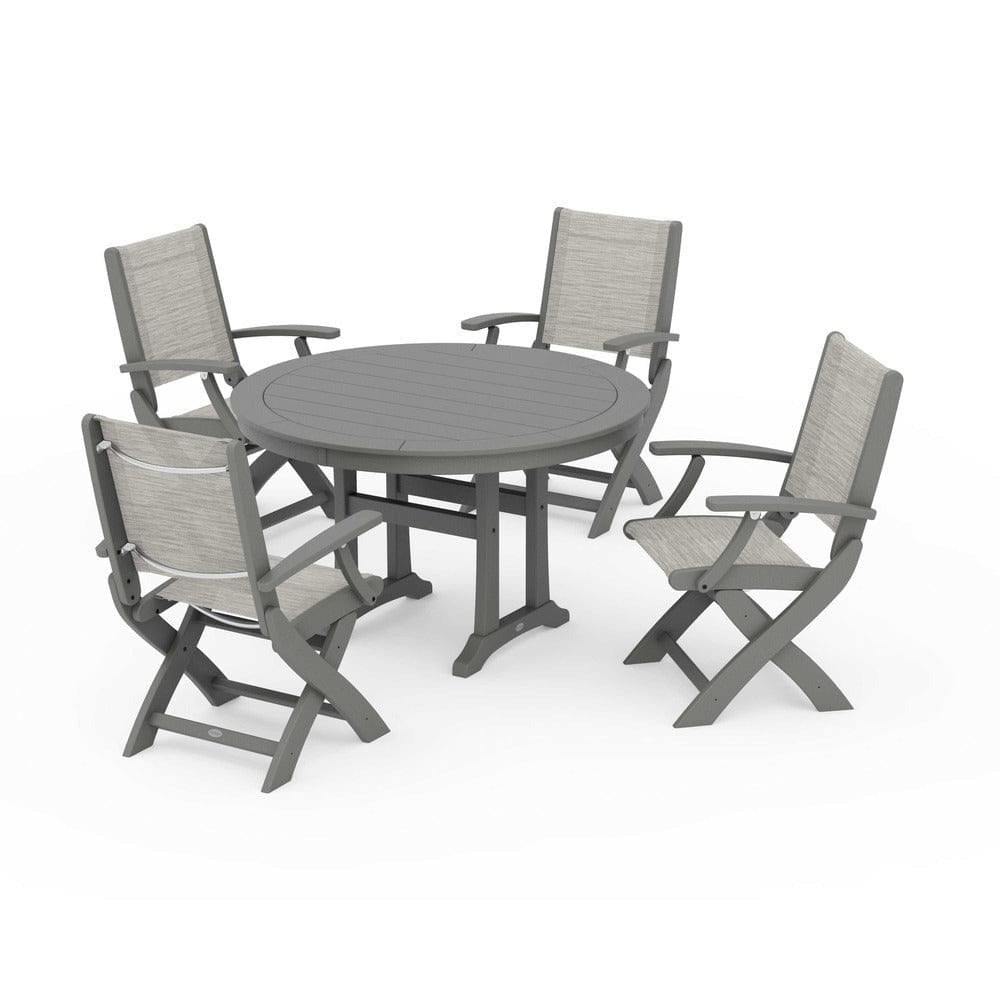 POLYWOOD® - Coastal Folding Chair 5-Piece Round Dining Set with Trestle Legs - PWS1120 Outdoor Furniture POLYWOOD®