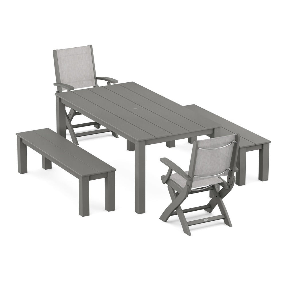 POLYWOOD® - Coastal Folding Chair 5-Piece Parsons Dining Set with Benches - PWS2273
