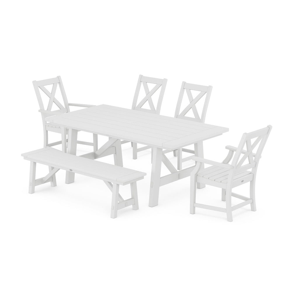 POLYWOOD® Braxton 6-Piece Rustic Farmhouse Dining Set With Trestle Legs - White PWS1071-1-WH