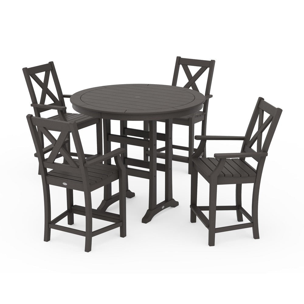 POLYWOOD® Braxton 5-Piece Nautical Trestle Arm Chair Counter Set - Vintage Coffee PWS511-1-VCF