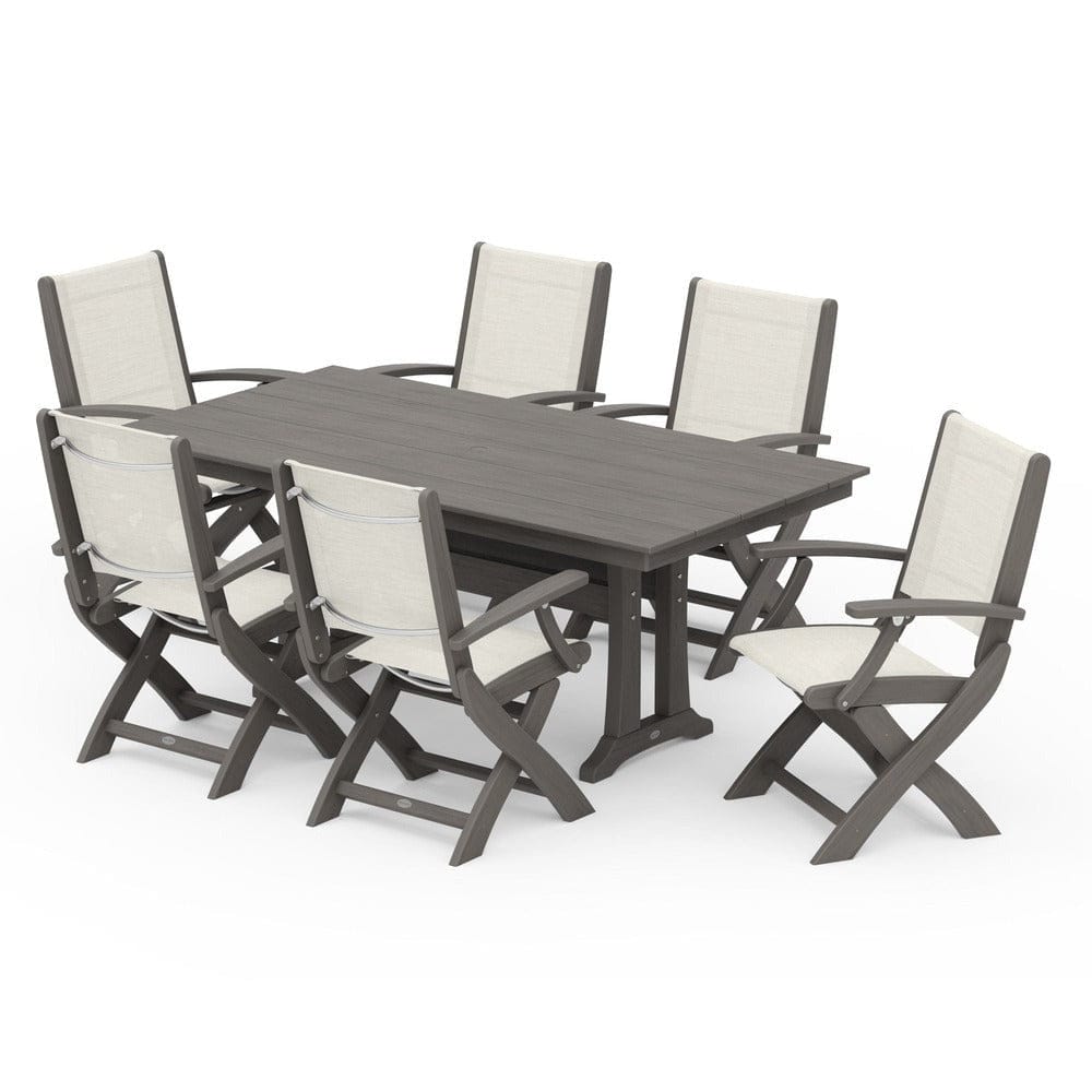 POLYWOOD® - Coastal Folding Arm Chair 7-Piece Farmhouse Dining Set with Trestle Legs - PWS292
