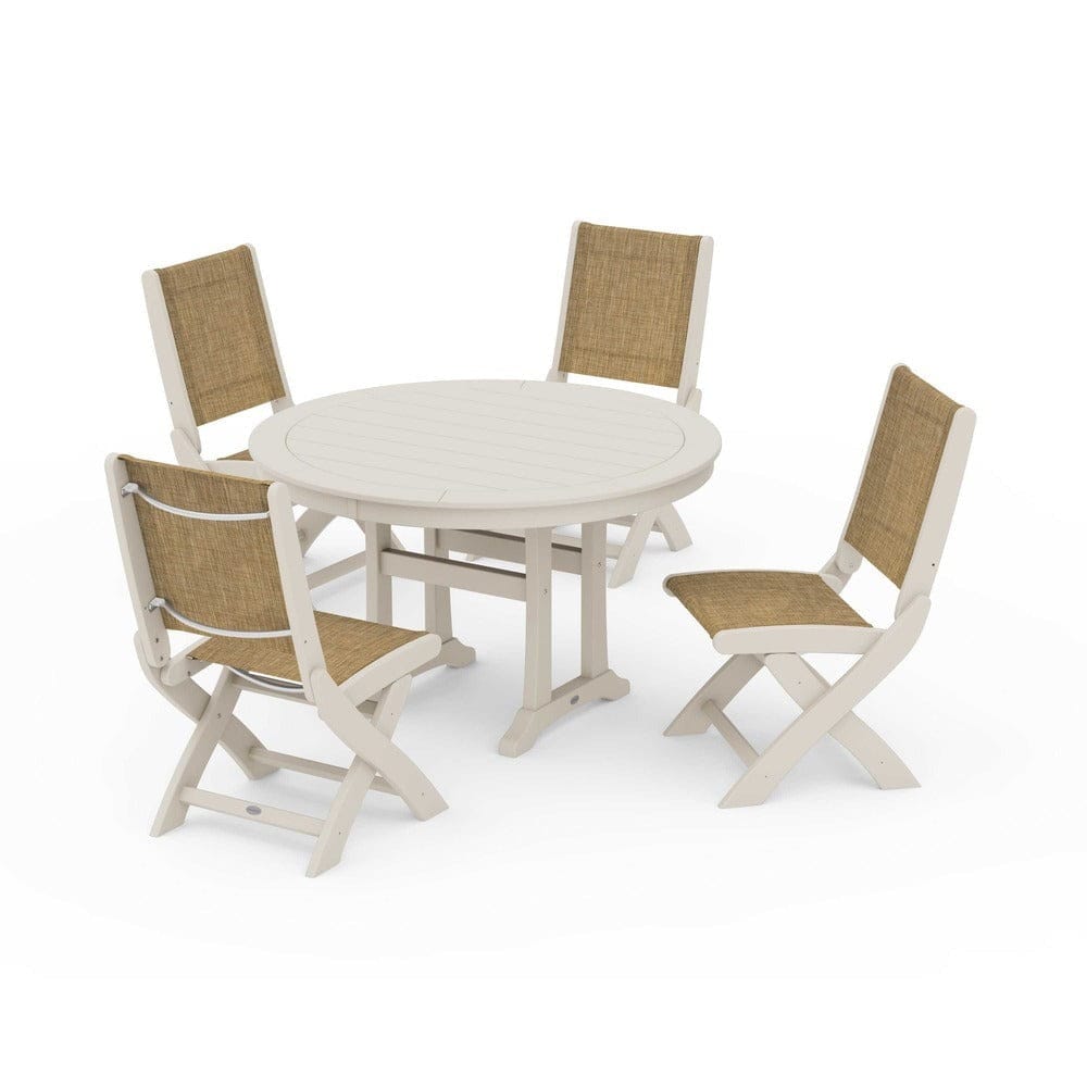POLYWOOD® - Coastal Folding Side Chair 5-Piece Round Dining Set With Trestle Legs - PWS1121