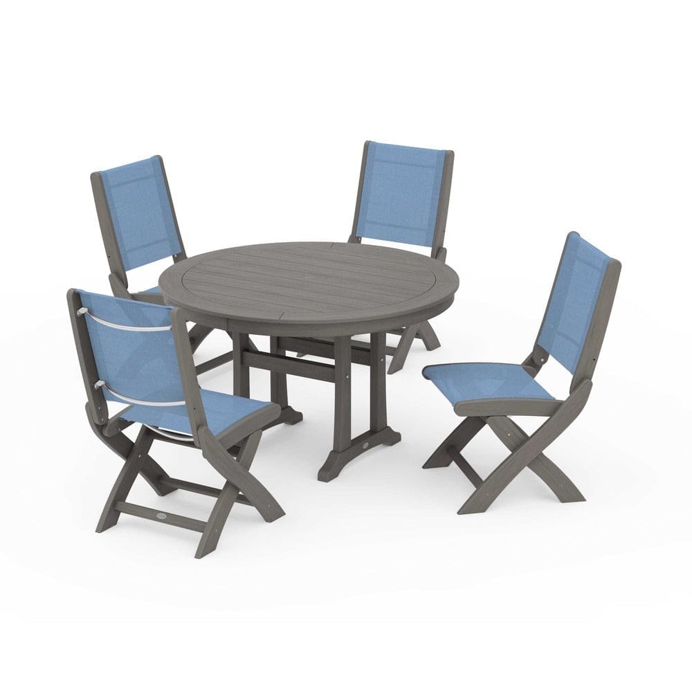 POLYWOOD® - Coastal Folding Side Chair 5-Piece Round Dining Set With Trestle Legs - PWS1121 Outdoor Furniture POLYWOOD®