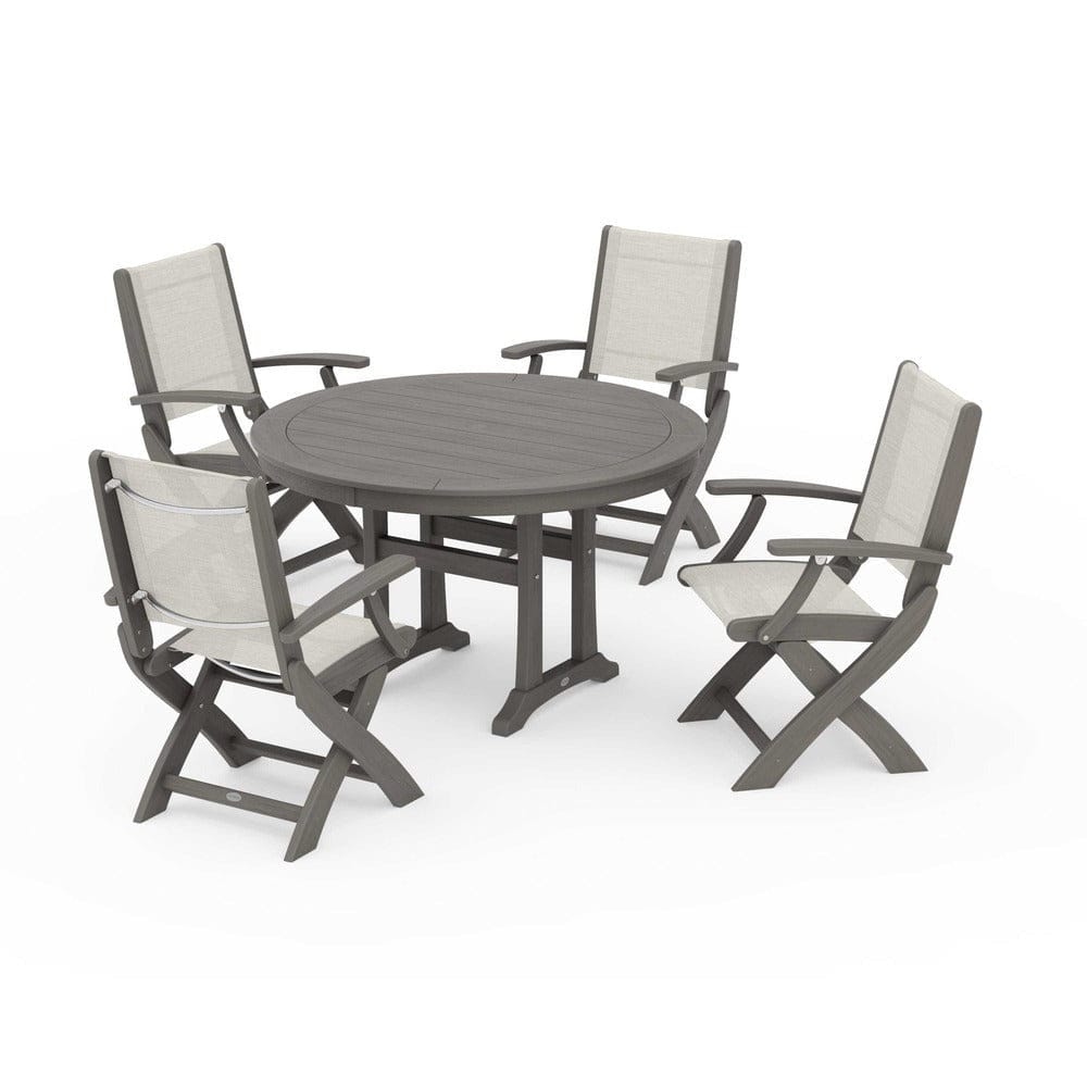 POLYWOOD® - Coastal Folding Chair 5-Piece Round Dining Set with Trestle Legs - PWS1120