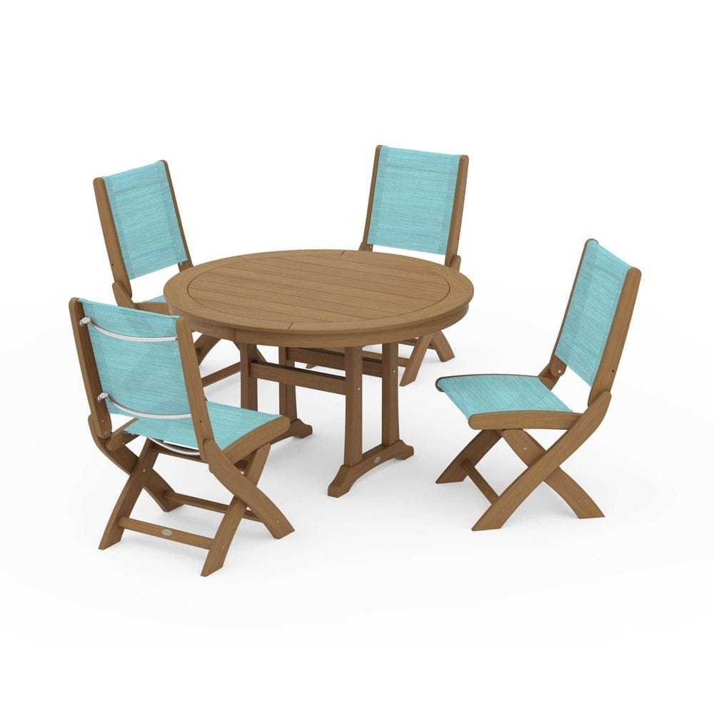 POLYWOOD® - Coastal Folding Side Chair 5-Piece Round Dining Set With Trestle Legs - PWS1121 Outdoor Furniture POLYWOOD®