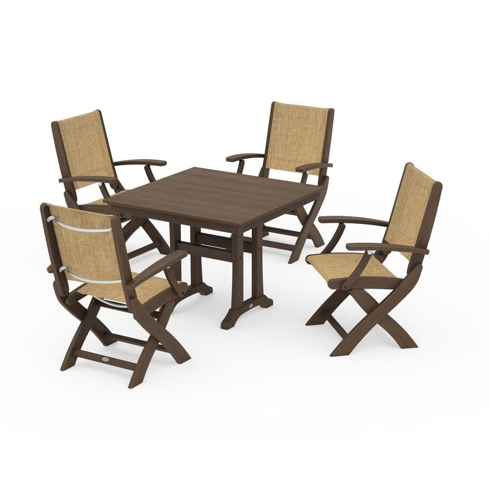 POLYWOOD® - Coastal Folding Chair 5-Piece Farmhouse Dining Set With Trestle Legs - PWS945